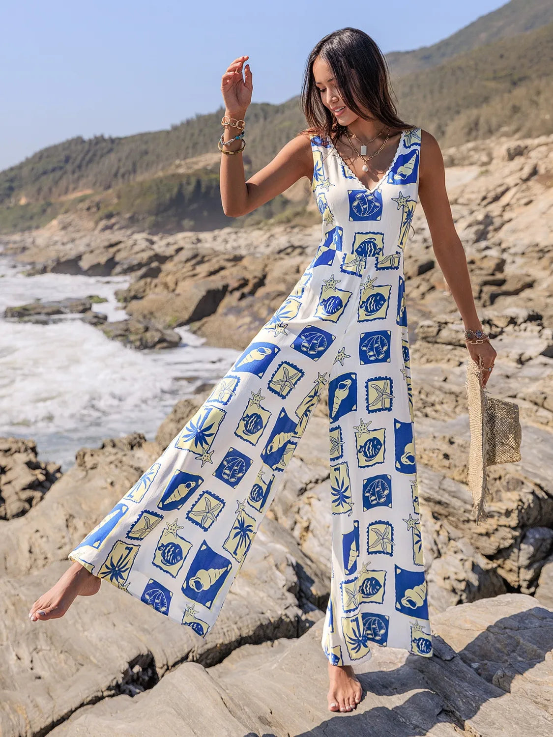 Printed V-Neck Wide Leg Jumpsuit