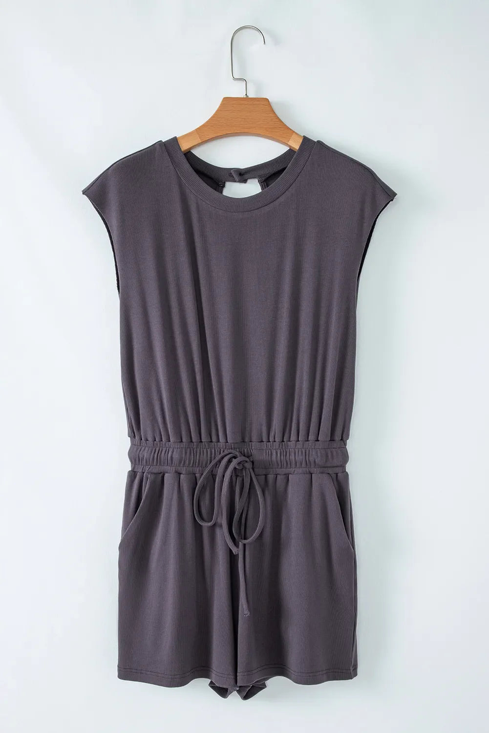 Knit Open Back Cap Sleeve Drawstring Romper