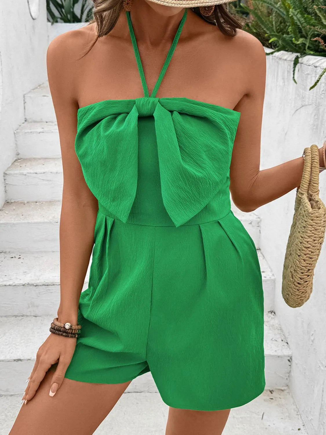 Bow Halter Neck Smocked Romper