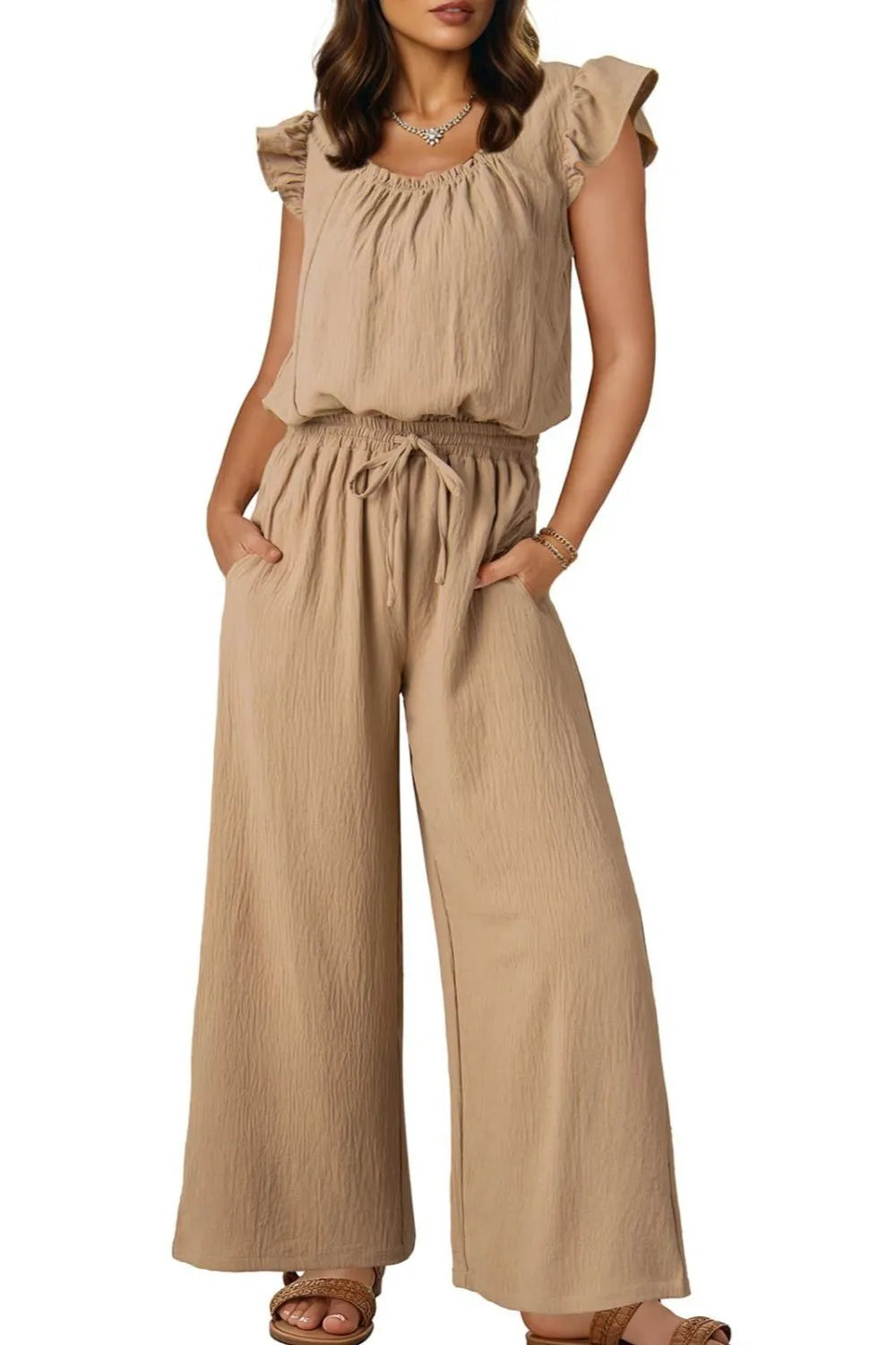 Ruffled Cap Sleeve Wide Leg Jumpsuit