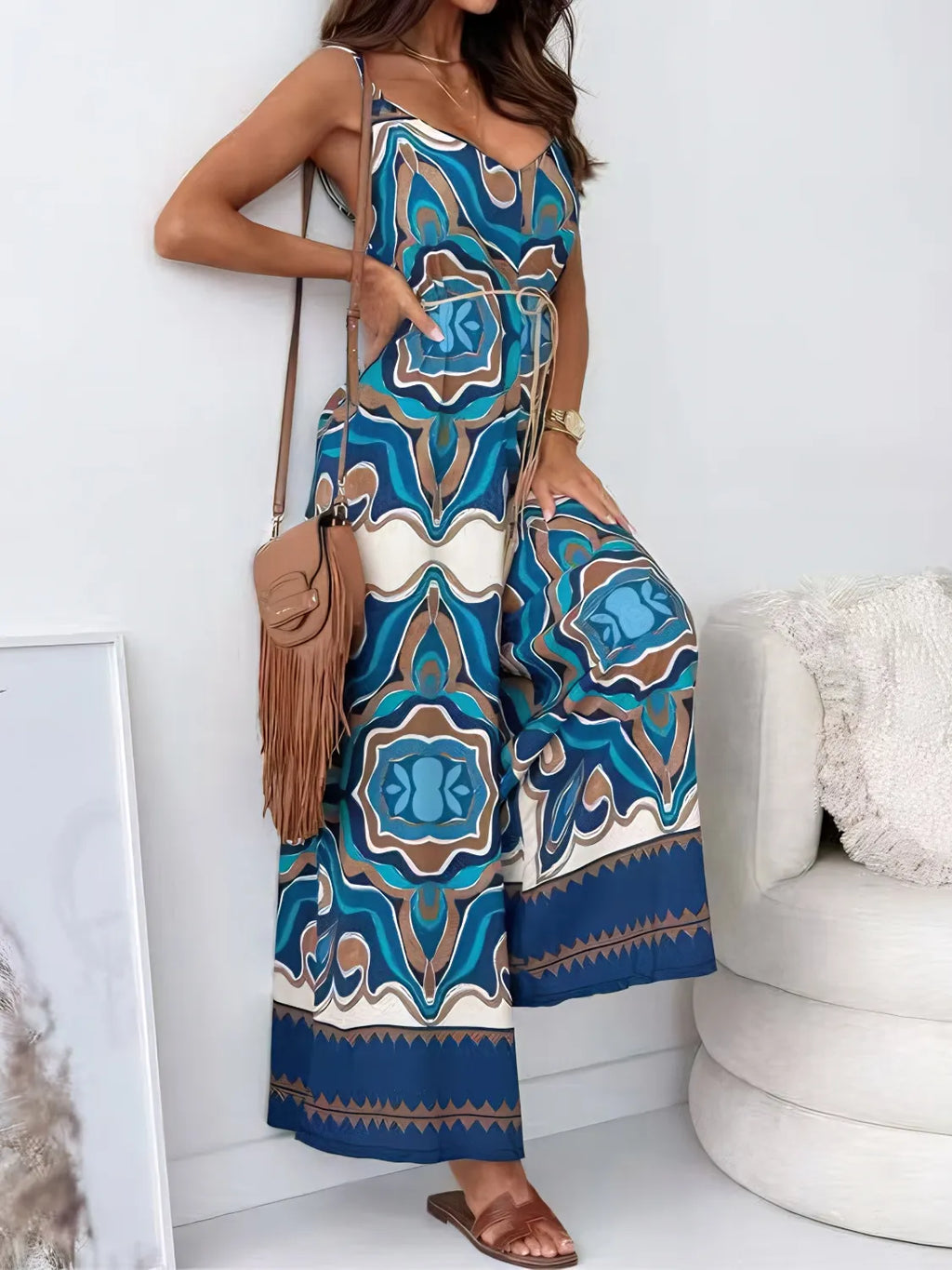 Printed V-Neck Wide Leg Jumpsuit