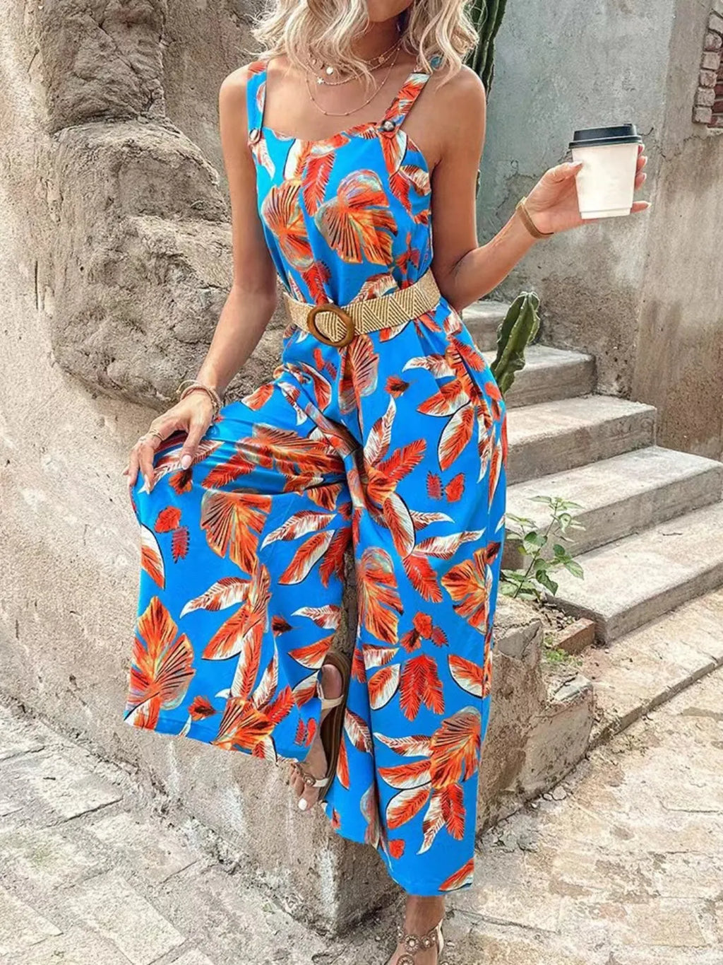 Printed Tropical Jumpsuit with Belted