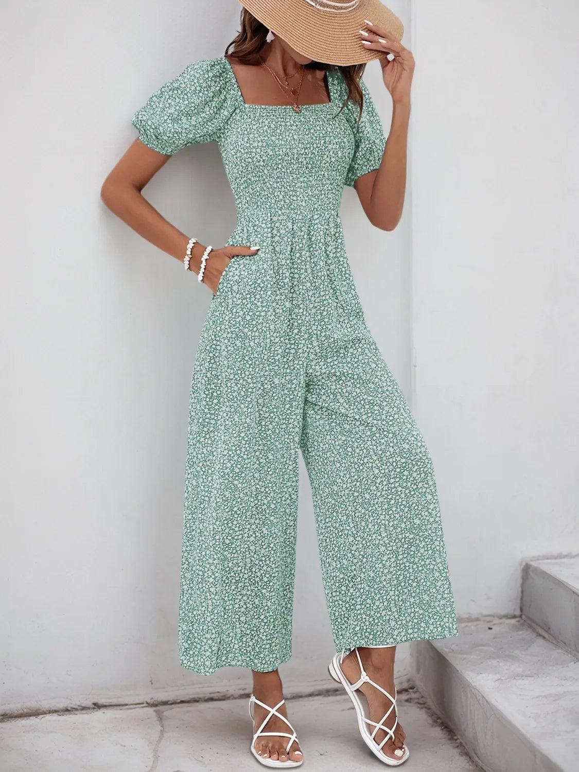 Printed Square Neck Puff Sleeve Jumpsuit