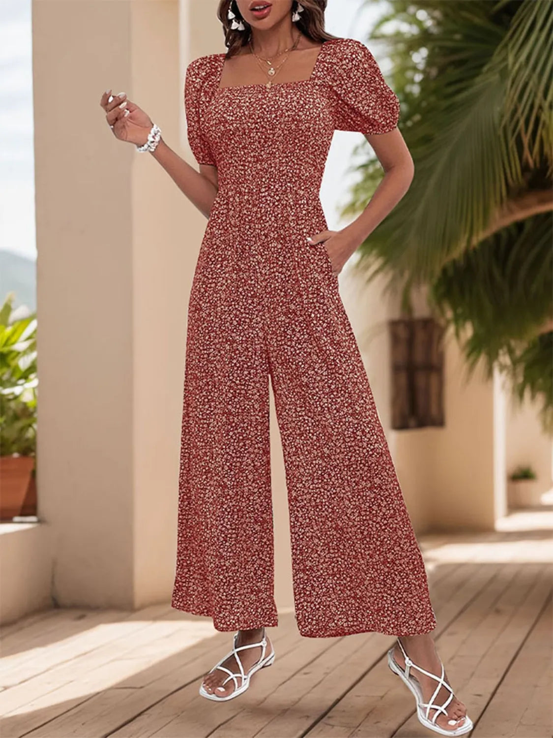Printed Square Neck Puff Sleeve Jumpsuit