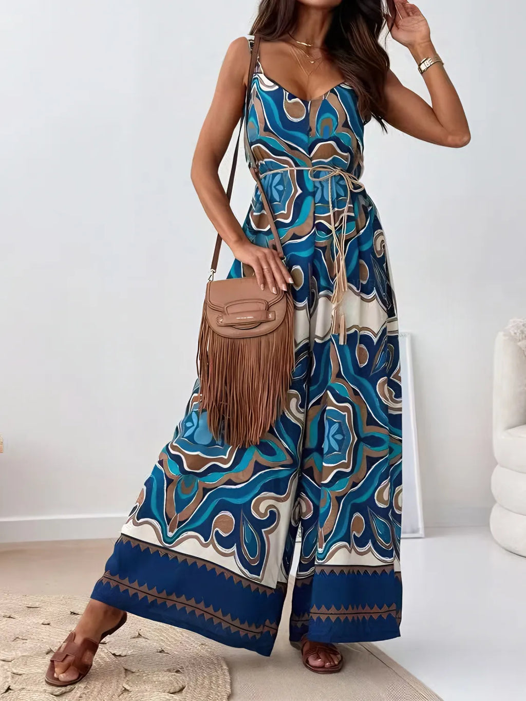 Printed V-Neck Wide Leg Jumpsuit
