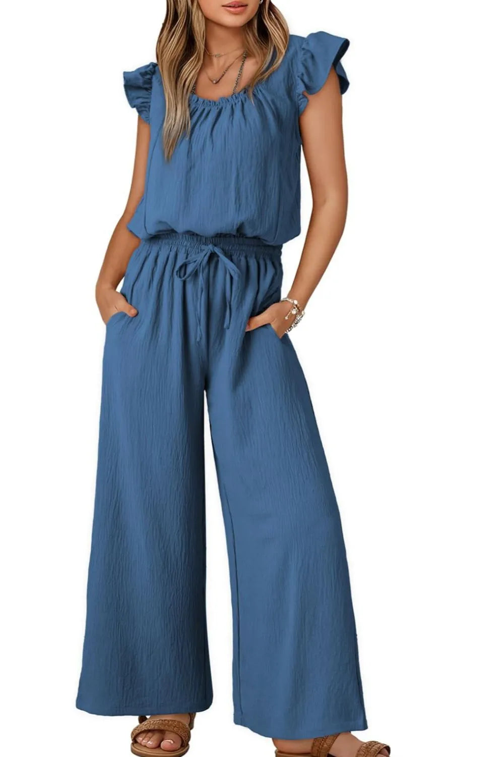Ruffled Cap Sleeve Wide Leg Jumpsuit