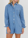 Button Front Long Sleeve Denim Romper