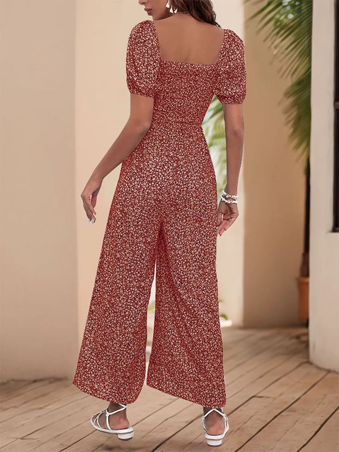 Printed Square Neck Puff Sleeve Jumpsuit