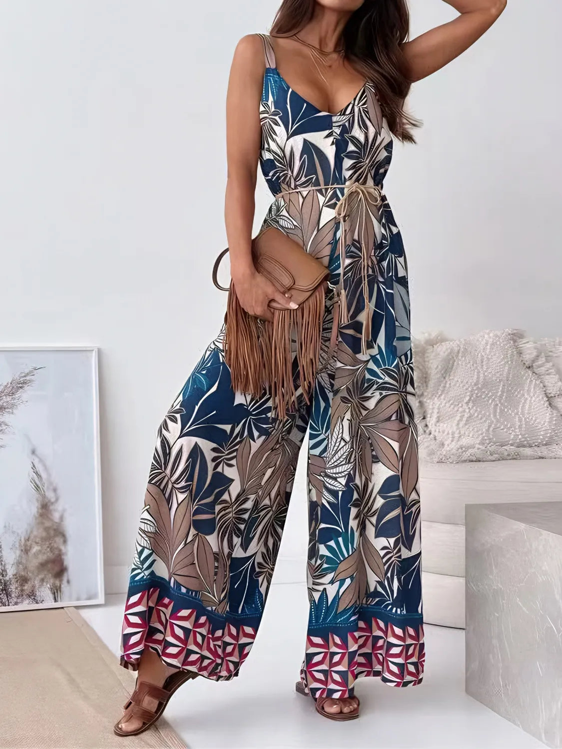 Printed V-Neck Wide Leg Jumpsuit