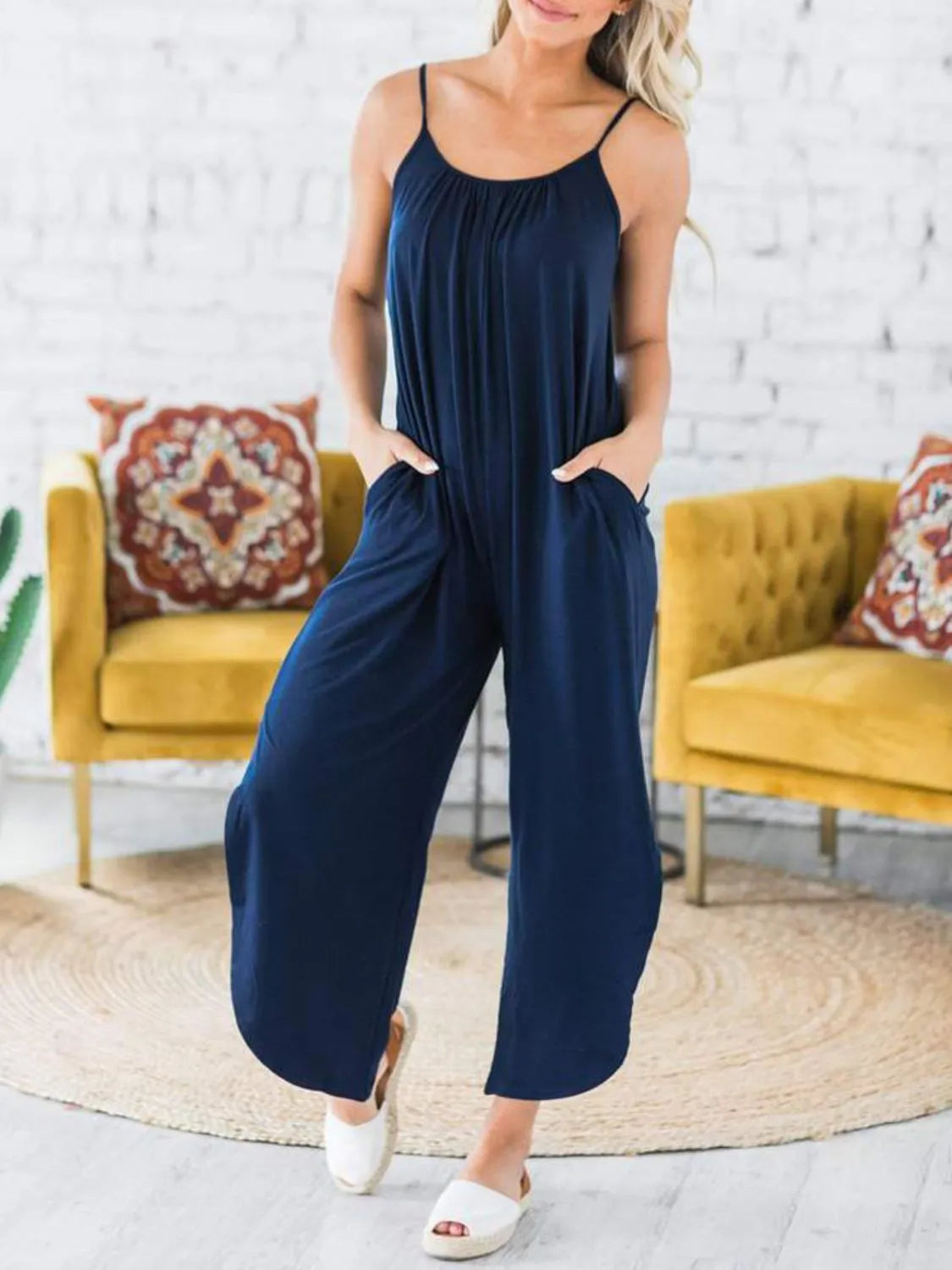 Slit Spaghetti Strap Jumpsuit with Pockets